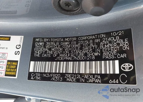 2022 Toyota Corolla Le z USA, uszkodzony, nr VIN JTDEPMAE7N3001218